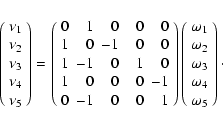 \begin{displaymath}\left(\begin{array}{c}\nu_1\\ \nu_2\\ \nu_3\\ \nu_4\\ \nu_5\e...
...ega_2\\ \omega_3\\ \omega_4\\ \omega_5
\end{array}\right)\cdot
\end{displaymath}