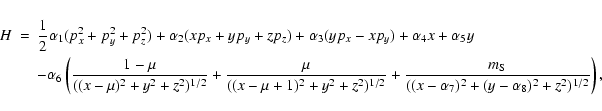 \begin{eqnarray*}H& = & \frac{1}{2}\alpha_1(p_x^2+p_y^2+p_z^2)+\alpha_2(xp_x+yp_...
...m_{\rm S}}{((x-\alpha_7)^2+
(y-\alpha_8)^2+z^2)^{1/2}} \right),
\end{eqnarray*}