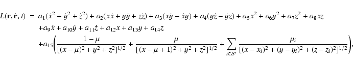 \begin{eqnarray*}L({\bf r},\dot{\bf r},t) &=& a_1(\dot x^2+\dot y^2+\dot z^2)
+...
...S}^*}\frac{\mu_i}{[(x-x_i)^2+(y-y_i)^2+(z-z_i)^2]^{1/2}}\biggr),
\end{eqnarray*}