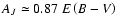 $A_{{J}}\simeq0.87~E\left({B-V}\right)$