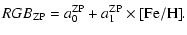 $\displaystyle RGB_{\rm ZP} = a_0^{\rm ZP} + a_1^{\rm ZP} \times {\rm [Fe/H]}.$