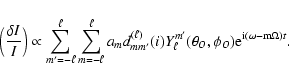\begin{displaymath}\left (\frac{\delta I}{I} \right ) \propto
\sum_{m'=-\ell}^{\...
...\theta_O,\phi_O) {\rm e}^{\rm {i} (\omega - m\Omega) {\it t}}.
\end{displaymath}