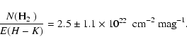 \begin{displaymath}\frac{N(\mbox{H$_2$ })}{E(H-K)} = \mbox{${2.5\pm1.1}\times10^{22}$ }~\ensuremath{{\rm cm}^{-2}} ~\ensuremath{{\rm mag^{-1}}} .
\end{displaymath}