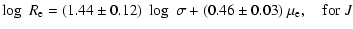 $\displaystyle \log\;R_{\rm e}=(1.44\pm{0.12})\;\log\;\sigma+(0.46\pm{0.03})~\mu_{\rm e}, \quad {\rm for}~J$