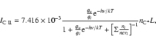 \begin{displaymath}%
I_{{\rm C~{II}}} = 7.416\times 10^{-3}\frac{\frac{g_u}{g_l}...
...\left[ \Sigma \frac{n_i}{ncr_i} \right] ^{-1}} n_{{\rm C}^+}L,
\end{displaymath}
