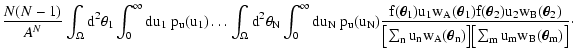 $\displaystyle \frac{N (N - 1)}{A^N} \int_\Omega \rm d^2 \theta_1
\int_0^\infty ...
... u_n w_A(\vec\theta_n) \bigr] \bigl[ \sum_m u_m
w_B(\vec\theta_m) \bigr]} \cdot$