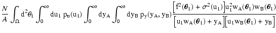 $\displaystyle \frac{N}{A} \int_\Omega \rm d^2 \theta_1 \int_0^\infty
\rm du_1 ~...
...[ u_1
w_A(\vec\theta_1) + y_A \bigr] \bigl[ u_1 w_B(\vec\theta_1) + y_B
\bigr]}$