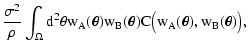 $\displaystyle \frac{\sigma^2}{\rho} \int_\Omega \rm d^2 \theta
w_A(\vec\theta) w_B(\vec\theta) C \bigl( w_A(\vec\theta),
w_B(\vec\theta) \bigr) ,$