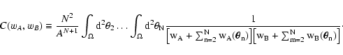 \begin{displaymath}
C(w_A, w_B) \equiv \frac{N^2}{A^{N+1}} \int_\Omega \rm d^2
...
...gr] \bigl[w_B + \sum_{m=2}^N
w_B(\vec\theta_n) \bigr]} \cdot
\end{displaymath}