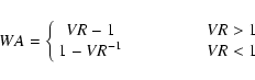 \begin{displaymath}WA = \left\{ {\begin{array}{*{20}c}
{VR - 1} & {\begin{array...
...space{1.5cm} VR < 1} \\
\end{array}} \\
\end{array}} \right.
\end{displaymath}