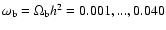 $\omega_{{\rm b}}=\Omega_{{\rm b}}h^2 = 0.001, ...,0.040$