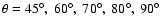 $\theta=45^\circ,~ 60^\circ,~ 70^\circ,~ 80^\circ,~ 90^\circ$
