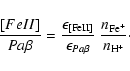 \begin{displaymath}\frac{[Fe {\sc II}]}{Pa\beta} = \frac{\epsilon_{\rm [FeII]}}{\epsilon_{Pa\beta}}~
\frac{n_{\rm Fe^{+}}}{n_{\rm H^+}}\cdot
\end{displaymath}