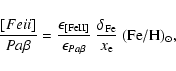 \begin{displaymath}\frac{[Fe {\sc ii}]}{Pa\beta} = \frac{\epsilon_{\rm [FeII]}}{...
...eta}}~
\frac{\delta_{\rm Fe}}{x_{\rm e}}~({\rm Fe/H})_{\odot},
\end{displaymath}