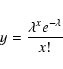 \begin{displaymath}y = \frac{\lambda^x e^{-\lambda}}{x!}
\end{displaymath}