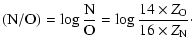 $\displaystyle %
({\rm N/O}) = \log \frac{{\rm N}}{{\rm O}} = \log \frac{14 \times Z_{\rm O}}{16 \times Z_{\rm N}}\cdot$
