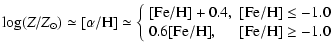 $\displaystyle \log(Z/Z_{\odot})\simeq {\rm [\alpha/H]} %
\simeq \left\{
\begin{...
.../H]} \le -1.0\cr
0.6{\rm [Fe/H]}, & {\rm [Fe/H]} \ge -1.0\\
\end{array}\right.$