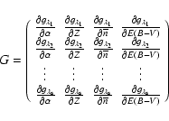 \begin{displaymath}G=\left( \begin{array}{cccc}
\frac{\partial g_{\lambda_1}}{\...
...g_{\lambda_{\rm s}}}{\partial E(B-V)} \\
\end{array} \right)
\end{displaymath}