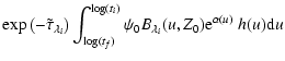 $\displaystyle \exp\left(-\tilde{\tau}_{\lambda_i} \right)
\int_{\log(t_f)}^{\log(t_i)} \psi_0 B_{\lambda_i}(u,Z_0)
{\rm e}^{\alpha(u)}~ h(u) {\rm d}u$