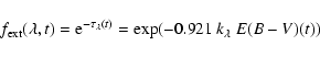 \begin{displaymath}f_{\rm ext}(\lambda,t)={\rm e}^{-\tau_{\lambda}(t)}=
\exp(-0.921~ k_{\lambda}~ E(B-V)(t))
\end{displaymath}