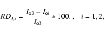 \begin{displaymath}RD_{3,i} = \frac{{I_{{\rm o}3}}-{I_{{\rm o}i}}}{I_{{\rm o}3}} * 100. ~, ~~~i=1,2 ,
\end{displaymath}