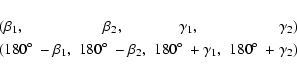 \begin{displaymath}\begin{array}{llccr}
&(\beta_1, &\beta_2,
&\gamma_1, &\gamm...
...{$^\circ$ }+\gamma_1,&180\hbox{$^\circ$ }+\gamma_2)
\end{array}\end{displaymath}