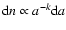 ${\rm d}n\propto a^{-k}{\rm d}a$