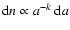 ${\rm d}n\propto a^{-k}~{\rm d}a$