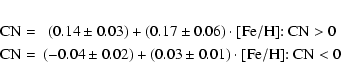 \begin{eqnarray*}{\rm CN} =& (0.14\pm0.03)+(0.17\pm0.06)\cdot {\rm [Fe/H]}{:} ~{...
...=& (-0.04\pm0.02)+(0.03\pm0.01)\cdot {\rm [Fe/H]}{:} ~{\rm CN}<0
\end{eqnarray*}