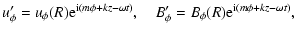 $\displaystyle {u_\phi'=u_\phi(R){\rm e}^{{\rm i}(m\phi+kz-\omega t)},
\ \ \ \ B_\phi'=B_\phi(R){\rm e}^{{\rm i}(m\phi+kz-\omega t)},}$