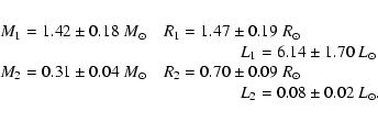 \begin{eqnarray*}\begin{array}{ll}
M_{1} = 1.42\pm0.18~ M_{\odot} \quad R_{1} =...
... \\
\hspace*{5cm} L_{2} = 0.08\pm0.02~ L_{\odot}.\\
\end{array}\end{eqnarray*}