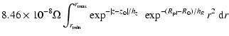 $\displaystyle 8.46 \times 10^{-8} \Omega \int_{r_{\min}}^{r_{\max}}
\exp^{-\vert z-z_{\odot}\vert/h_z} ~ \exp^{-(R_{\rm pl}-R_{\odot})/h_R} r^2 ~ {\rm d}r$