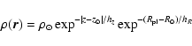 \begin{displaymath}\rho(\vec r) = \rho_{\odot} \exp^{-\vert z-z_{\odot}\vert/h_z}
\exp^{-(R_{\rm pl}-R_{\odot})/h_{R}}
\end{displaymath}