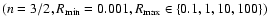 $(n=3/2,R_{\rm min}=0.001, R_{\rm max}\in \{0.1,1,10,100\})$