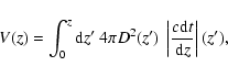 \begin{displaymath}V(z)=\int_0^z{\rm d} z'~4\pi D^2(z')~
\left\vert\frac{c{\rm d} t}{{\rm d} z}\right\vert(z'),
\end{displaymath}