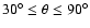 $30^{\circ} \le \theta \le 90^{\circ}$