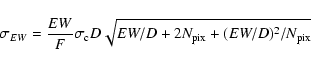 \begin{displaymath}\sigma_{EW} = \frac{EW}{F} \sigma_{\rm c} D \sqrt{EW / D
+ 2 N_{\rm pix} + (EW / D)^2 / N_{\rm pix} }
\end{displaymath}