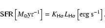 \begin{displaymath}%
{\rm SFR} \left[M_\odot {\rm yr}^{-1}\right] = K_{{\rm H\alpha}} L_{{\rm H\alpha}} \left[{\rm erg~s}^{-1}\right].
\end{displaymath}