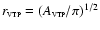 $r_{{\rm\scriptscriptstyle{VTP}}}=(A_{{\rm\scriptscriptstyle{VTP}}}/\pi)^{1/2}$