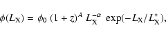 \begin{displaymath}\phi(L_{{\rm X}})=\phi_{{\rm0}}~(1+z)^{A}~L_{{\rm X}}^{-\alpha}~\exp(-L_{{\rm X}}/L_{{\rm X}}^{*}),
\end{displaymath}