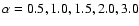 $\alpha =0.5, 1.0, 1.5, 2.0, 3.0$