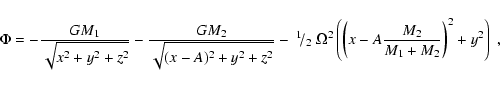 \begin{displaymath}\begin{array}{l}
\Phi=-{\displaystyle\vphantom{x^2_2}GM_1\ove...
...style\vphantom{x^2_2}M_1+M_2}\right)^2+y^2\right)~,
\end{array}\end{displaymath}