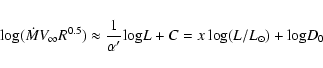 \begin{eqnarray*}{\rm log} (\dot M V_\infty R^{0.5}) \approx \frac{1}{\alpha^\prime} {\rm log} L + C =
x~ {\rm log} (L/L_\odot) + {\rm log} D_0
\end{eqnarray*}