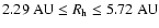 $2.29 \textnormal{ AU} \leq {R}_{\rm h} \leq 5.72 \textnormal{ AU}$
