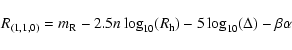 \begin{displaymath}R_{(1,1,0)} = m_{\rm R} - 2.5n\log_{10}(R_{\rm h}) - 5\log_{10}(\Delta) - \beta\alpha
\end{displaymath}