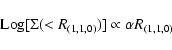 \begin{displaymath}{\rm Log}[\Sigma (< R_{(1,1,0)})] \propto \alpha R_{(1,1,0)}
\end{displaymath}