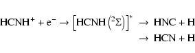 \begin{eqnarray*}\rm HCNH^+ + e^- \to \left[HCNH\left(^2\Sigma\right)\right]^* &\to&\rm HNC + H\\
&\to&\rm HCN + H
\end{eqnarray*}
