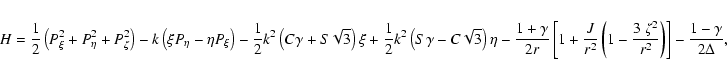 \begin{eqnarray*}H={1\over2}\left(P_\xi^2+P_\eta^2+P_\zeta^2\right)
-k\left(\xi...
...1
-{3~\zeta^2\over r^2}\right)\right]-{{1-\gamma}\over2\Delta},
\end{eqnarray*}