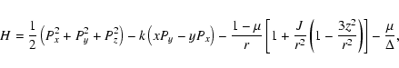 \begin{eqnarray*}H={1\over2}\left(P_x^2+P_y^2+P_z^2\right)-k\left(xP_y-yP_x\righ...
...er r^2}\left(1-{3z^2\over r^2}\right)\right]
-{\mu\over\Delta},
\end{eqnarray*}