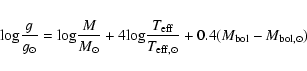 \begin{eqnarray*}{\rm log} {g \over g_{\odot}}={\rm log} {M\over M_{\odot}}
+4{\...
...}\over T_{{\rm eff},\odot}}+0.4(M_{\rm bol}-M_{{\rm bol},\odot})
\end{eqnarray*}